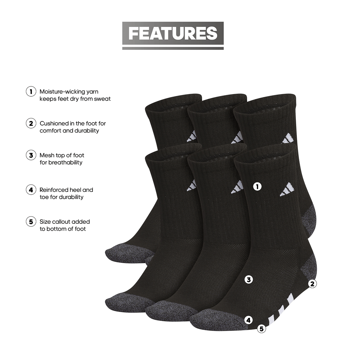 adidas Youth Athletic Cushioned 6-Pack Crew Sock-2