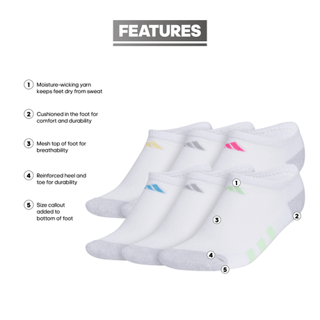 adidas Girl's Athletic Cushioned 6-Pack No Show Sock-2