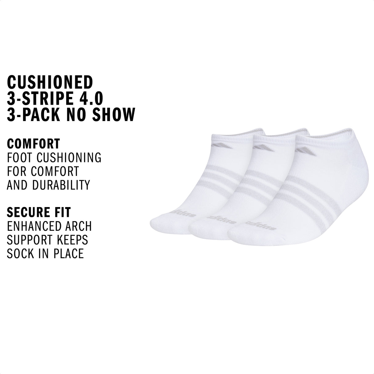 adidas Women's Cushioned 3-Stripe 4.0 3-Pack No Show Sock-2