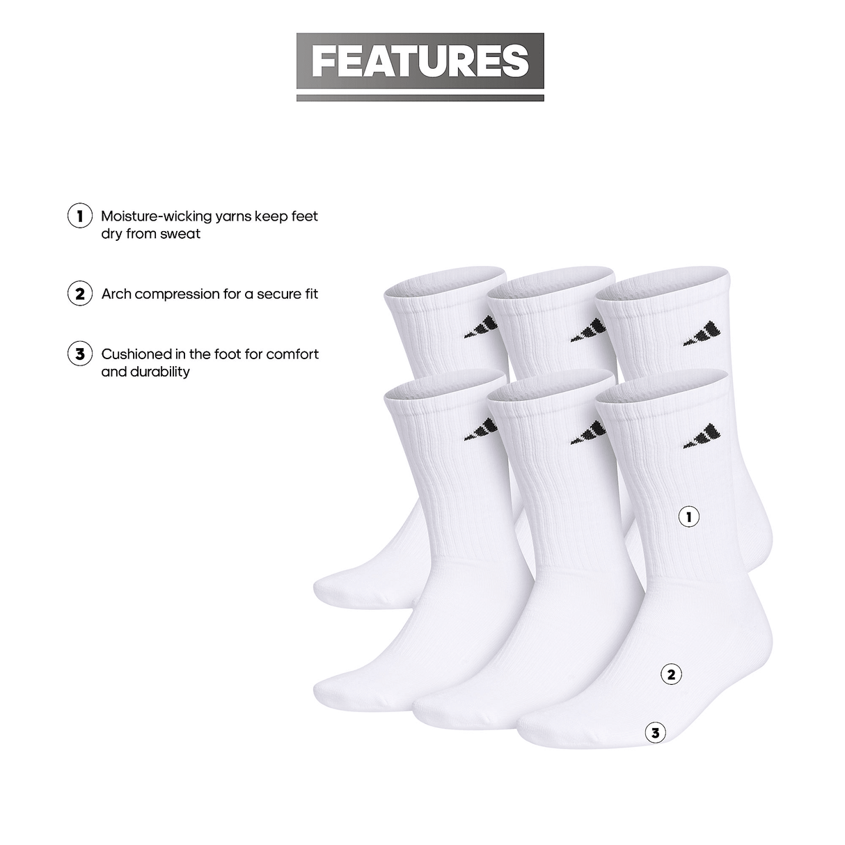 adidas Men's Athletic Cushioned 6-Pack Crew Sock-2
