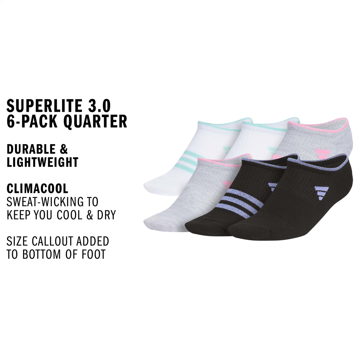 adidas Girl's Superlite 3.0 6-Pack No Show Sock-2