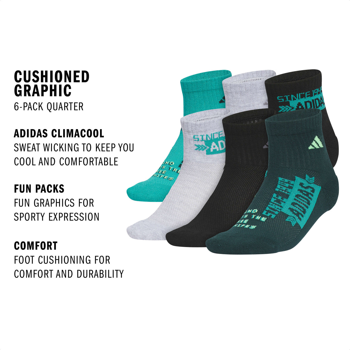 adidas Youth Cushioned Graphic 6-Pack Quarter Sock-2
