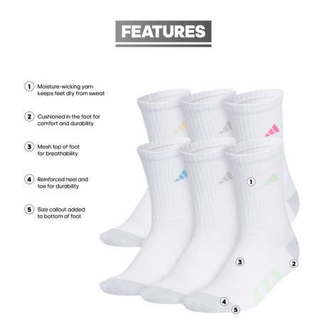adidas Girl's Athletic Cushioned 6-Pack Crew Sock-2