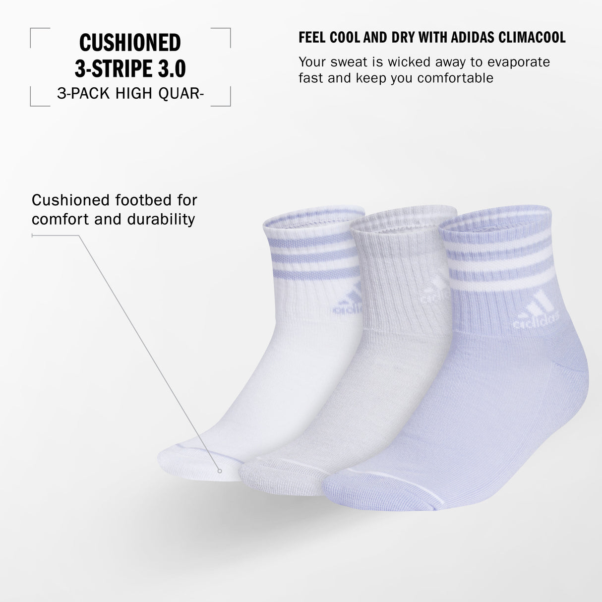 adidas Women's Cushioned 3-Stripe 3.0 3-Pack High Quarter Sock-2