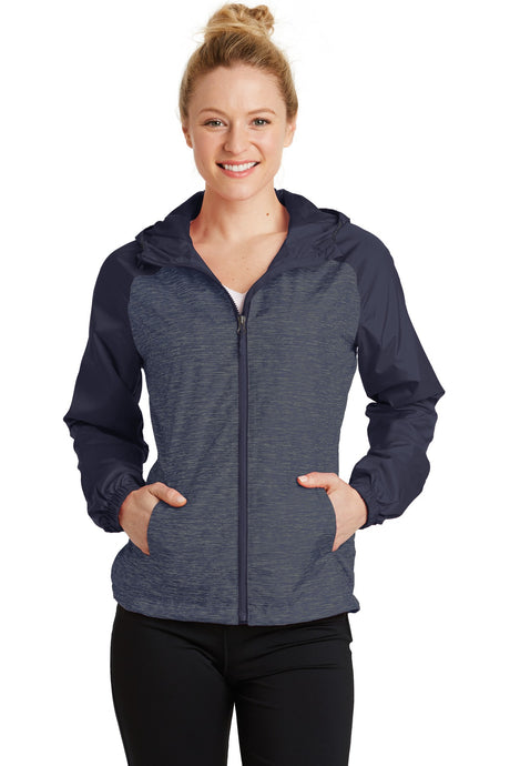 Sport-Tek Women's   Heather Colorblock Raglan Hooded Wind Jacket