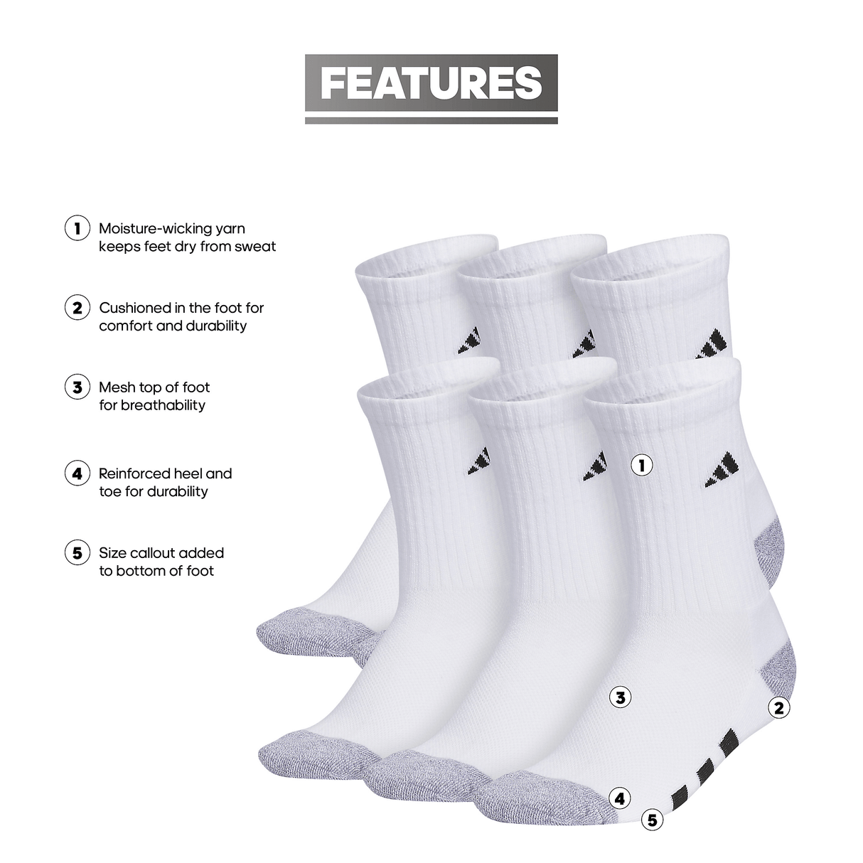 adidas Youth Athletic Cushioned 6-Pack Crew Sock-2