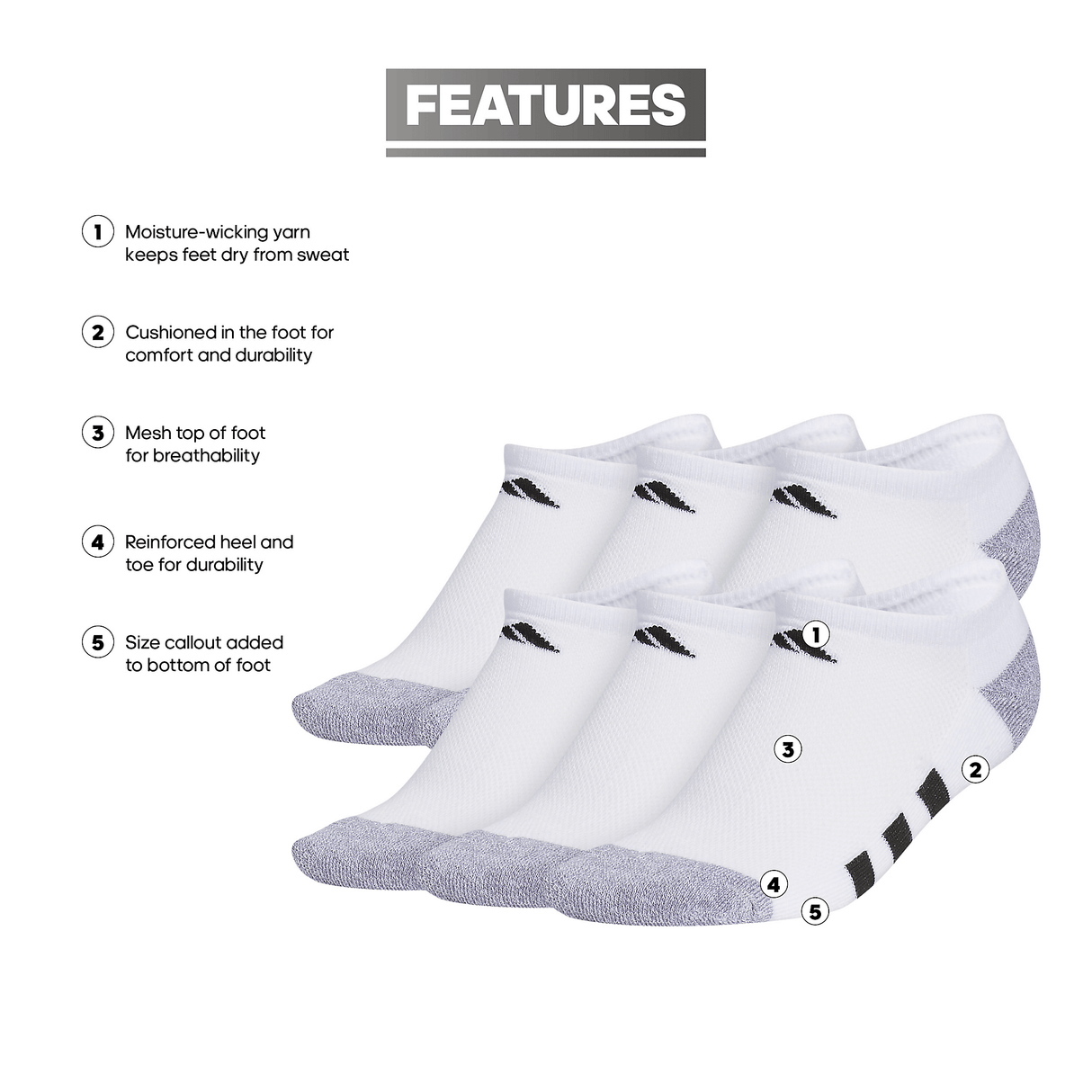 adidas Youth Athletic Cushioned 6-Pack No Show Sock-2