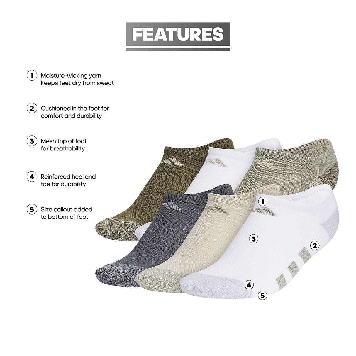 adidas Youth Athletic Cushioned 6-Pack No Show Sock-2