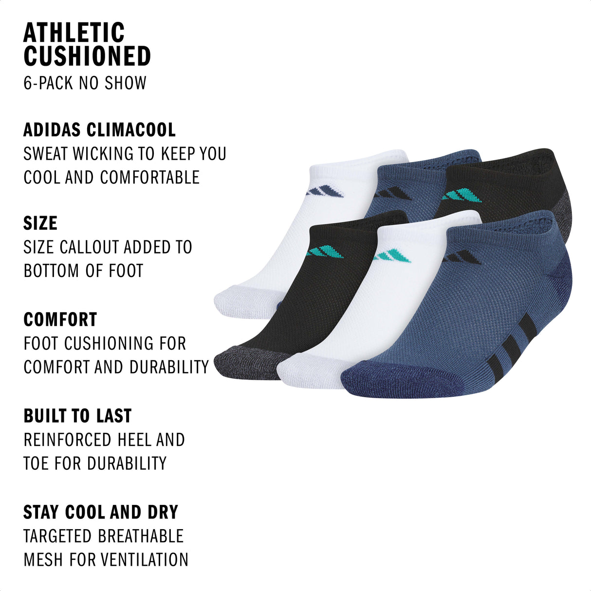 adidas Youth Athletic Cushioned 6-Pack No Show Sock-2