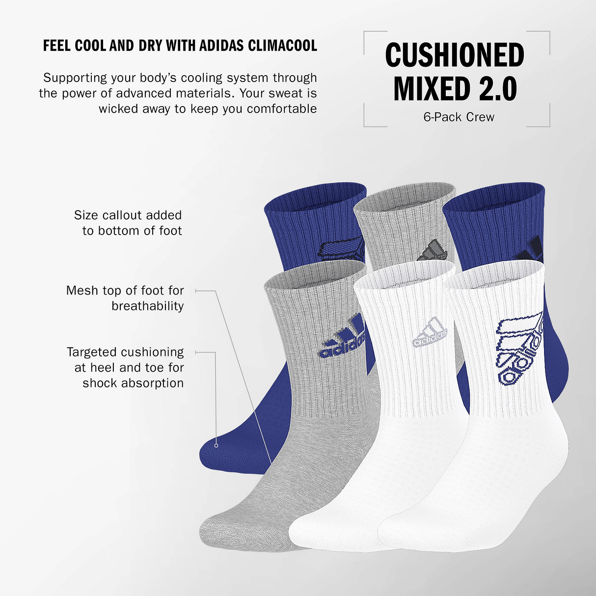 adidas Youth Cushioned Mixed 2.0 6-Pack Crew Sock-2