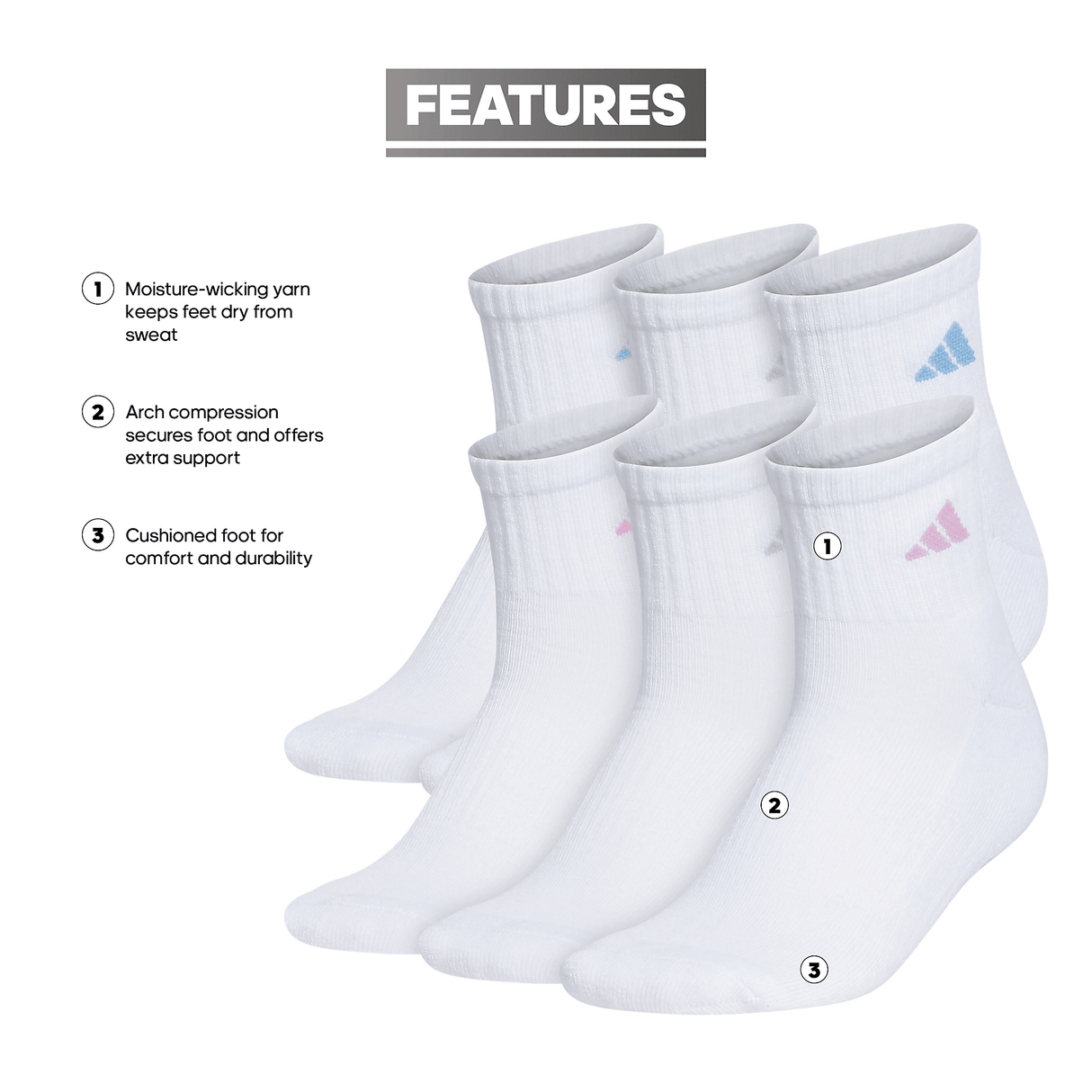 adidas Women's Athletic Cushioned 6-Pack Quarter Sock-2