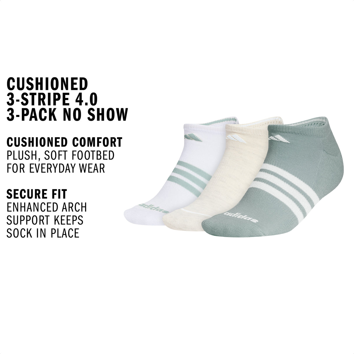 adidas Women's Cushioned 3-Stripe 4.0 3-Pack No Show Sock-2