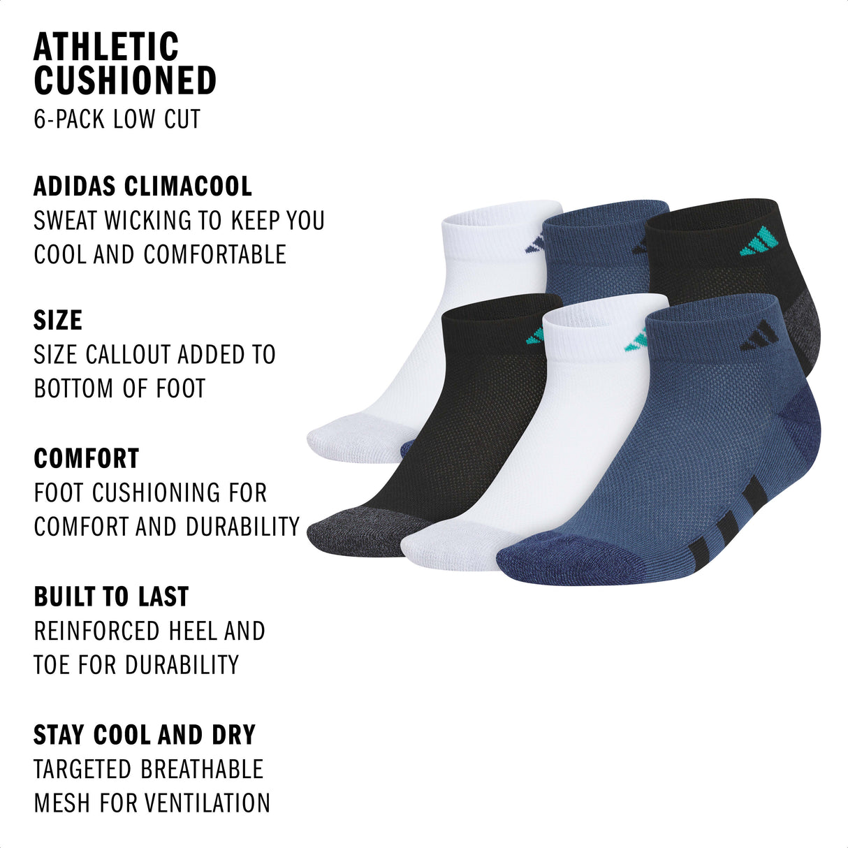 adidas Youth Athletic Cushioned 6-Pack Low Cut Sock-2