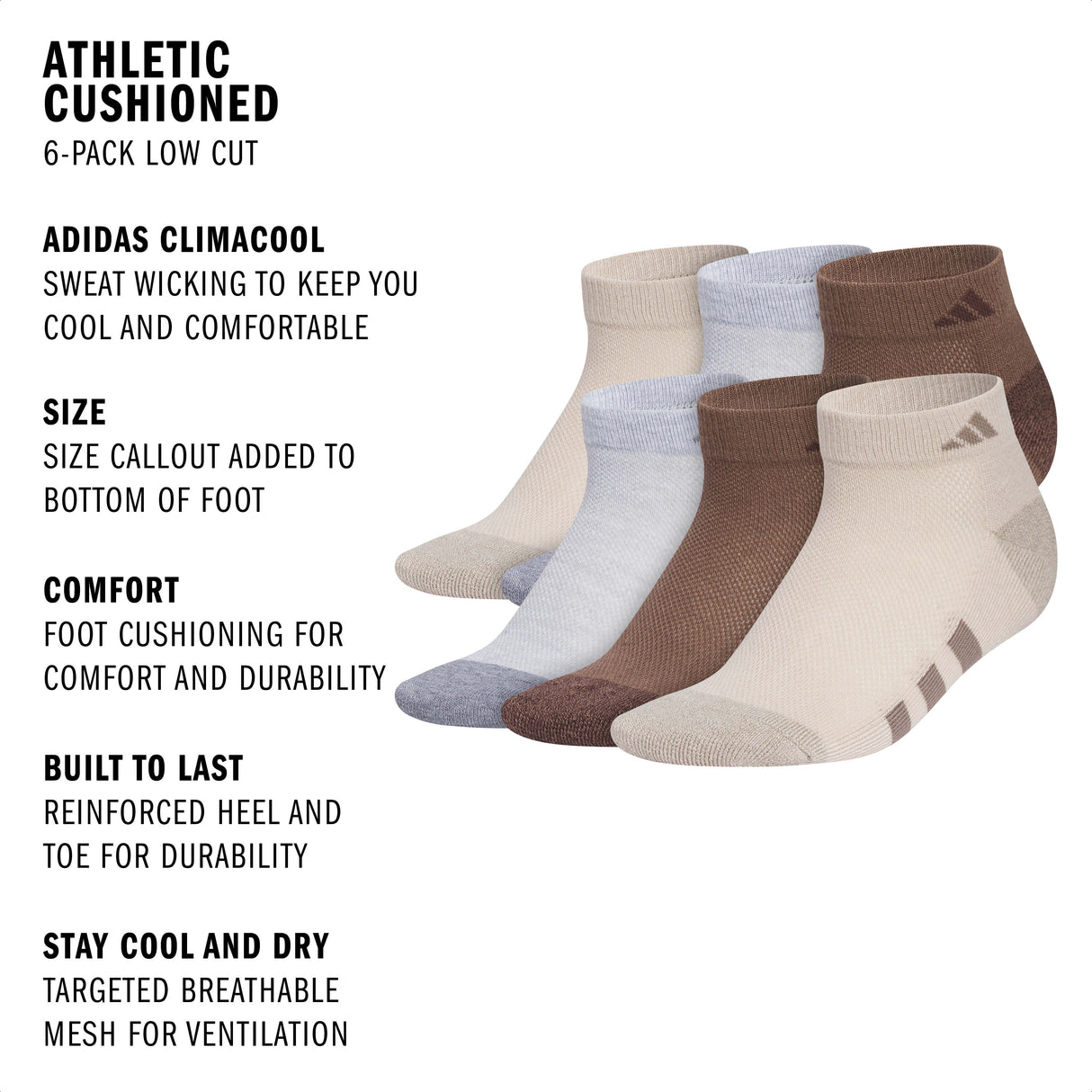 adidas Youth Athletic Cushioned 6-Pack Low Cut Sock-2