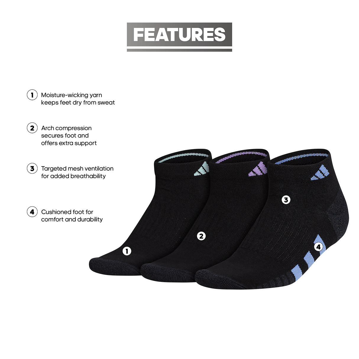 adidas Women's Cushioned 3.0 3-Pack Low Cut Sock-2