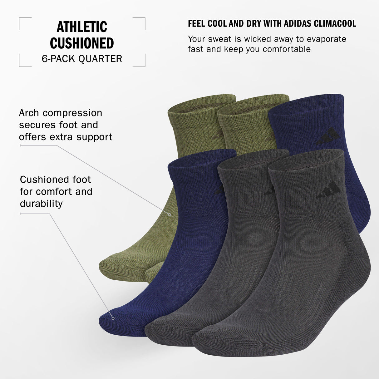 adidas Men's Athletic Cushioned 6-Pack Quarter Sock-2