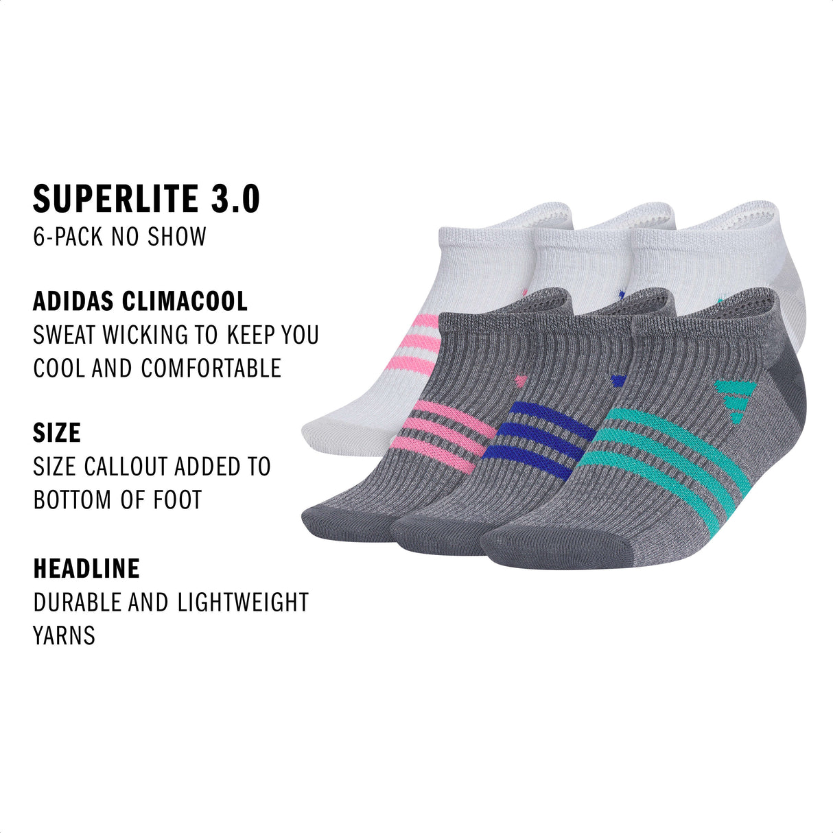 adidas Girl's Superlite 3.0 6-Pack No Show Sock-2