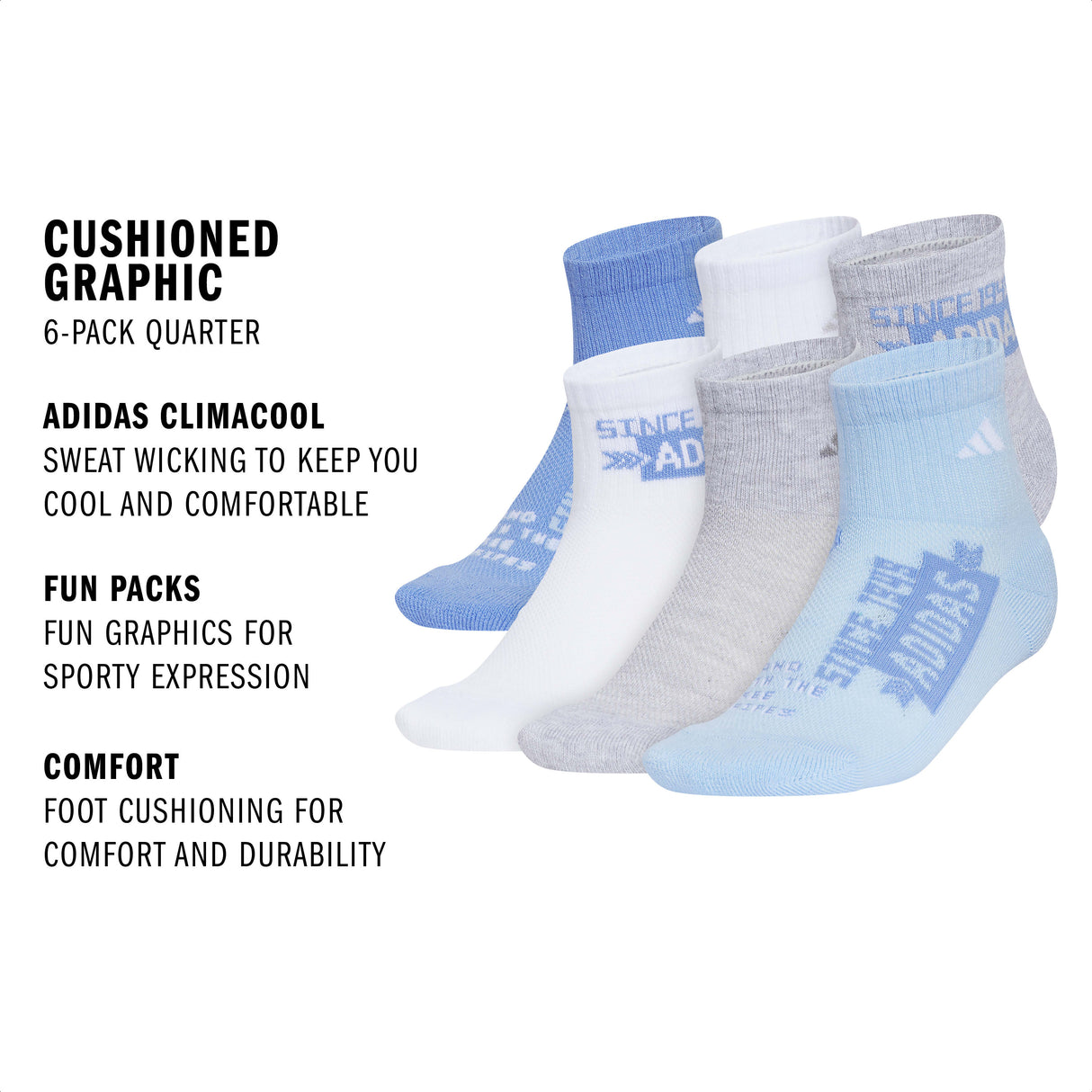 adidas Youth Cushioned Graphic 6-Pack Quarter Sock-2