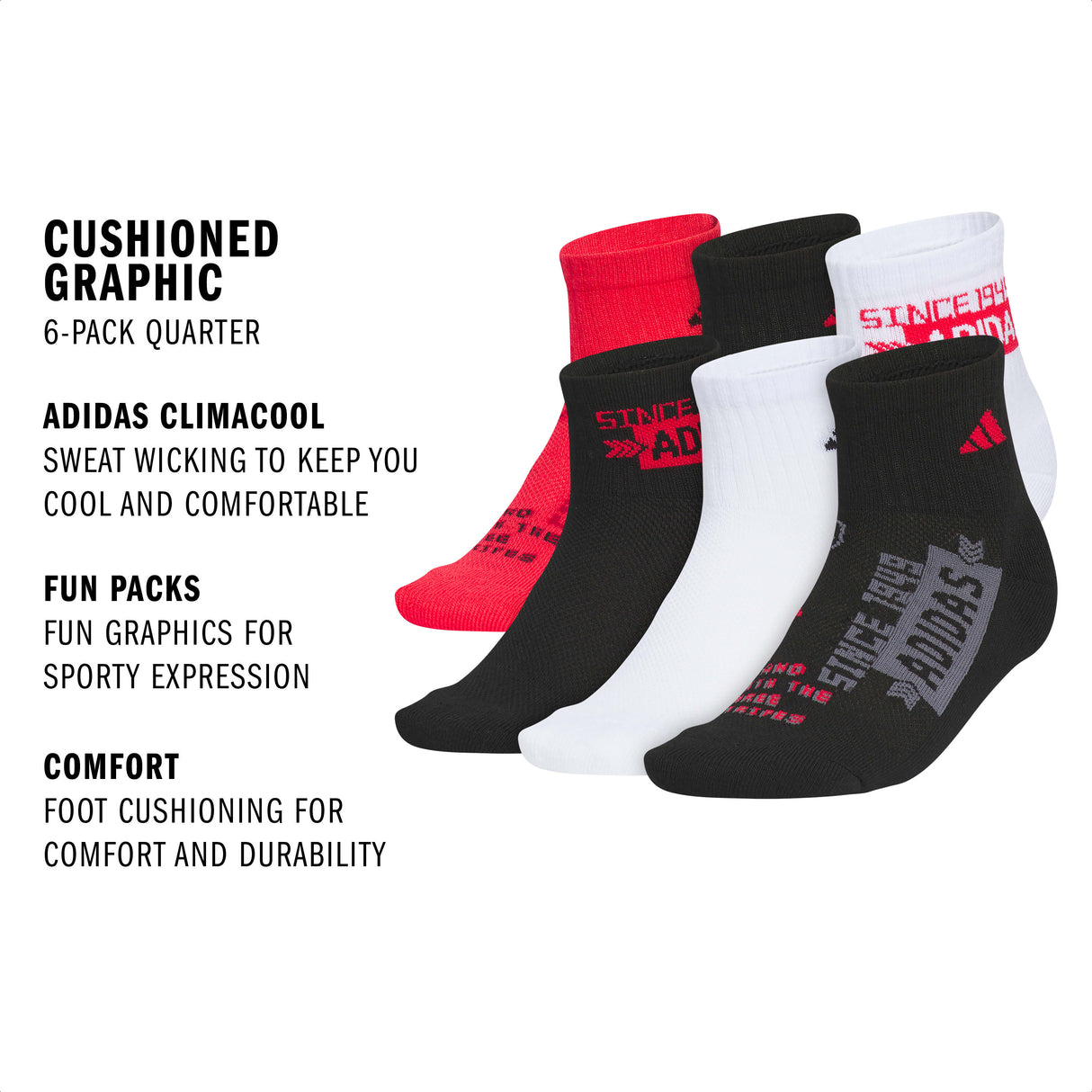 adidas Youth Cushioned Graphic 6-Pack Quarter Sock-2