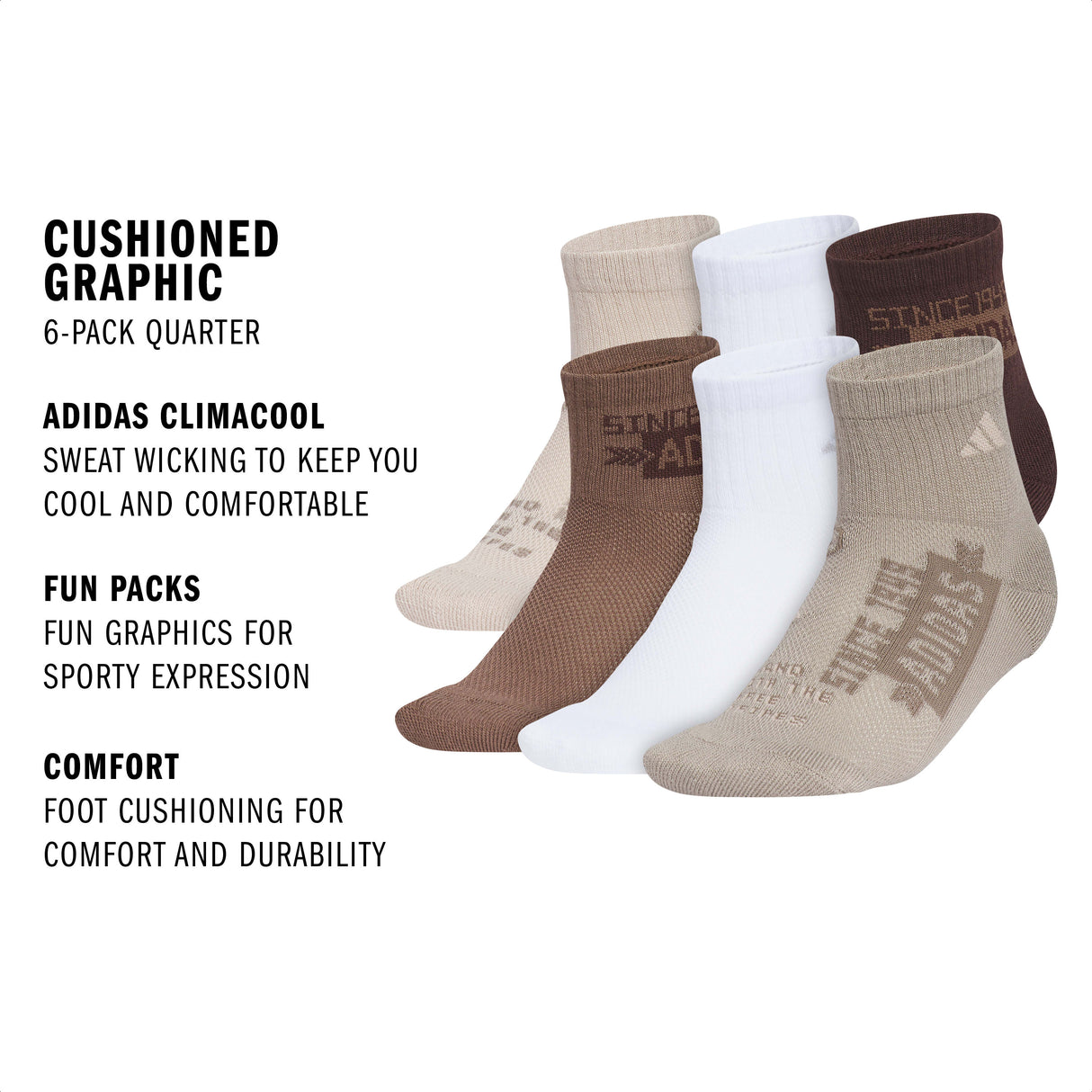 adidas Youth Cushioned Graphic 6-Pack Quarter Sock-2