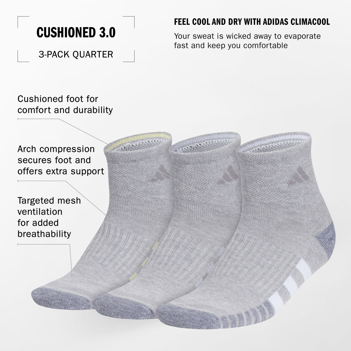 adidas Women's Cushioned 3.0 3-Pack Quarter Sock-2