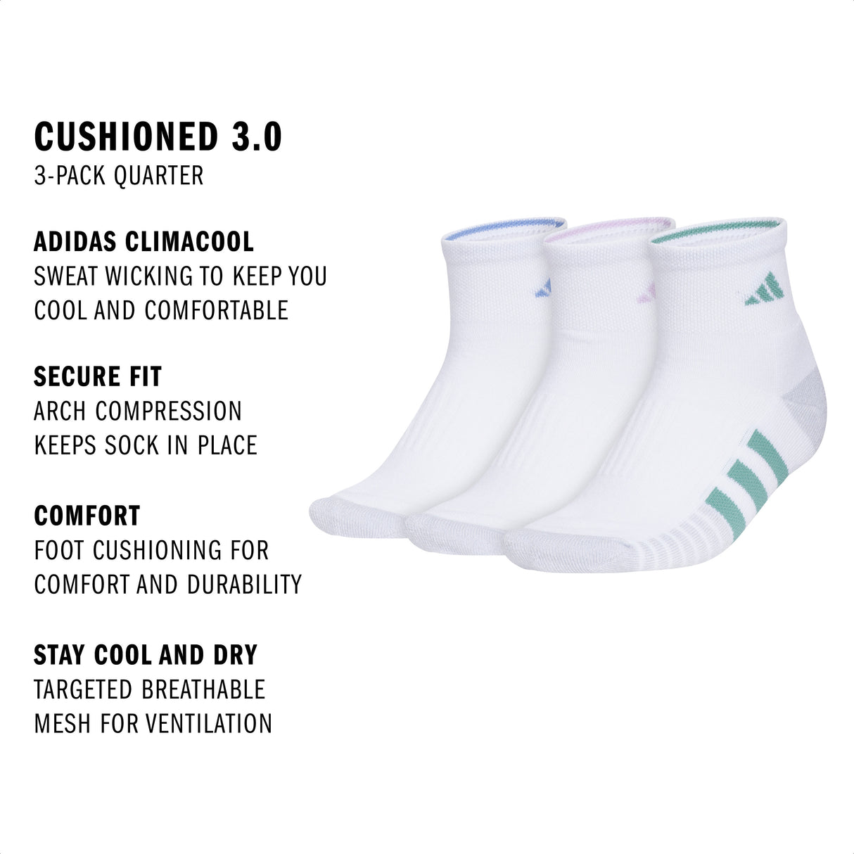 adidas Women's Cushioned 3.0 3-Pack Quarter Sock-2