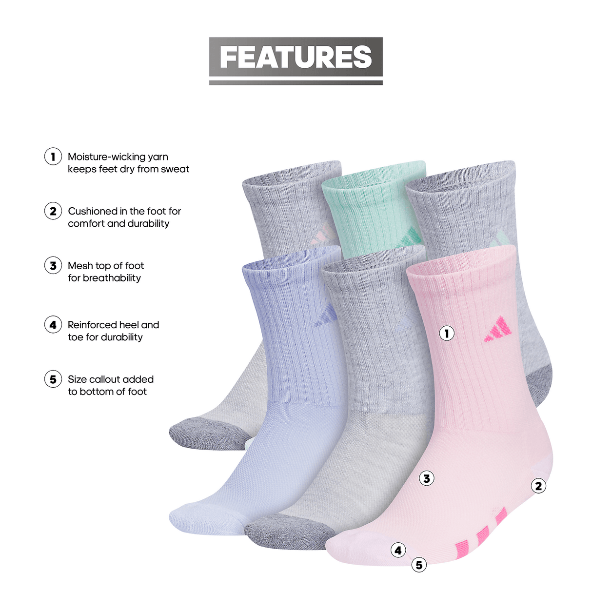 adidas Girl's Athletic Cushioned 6-Pack Crew Sock-2