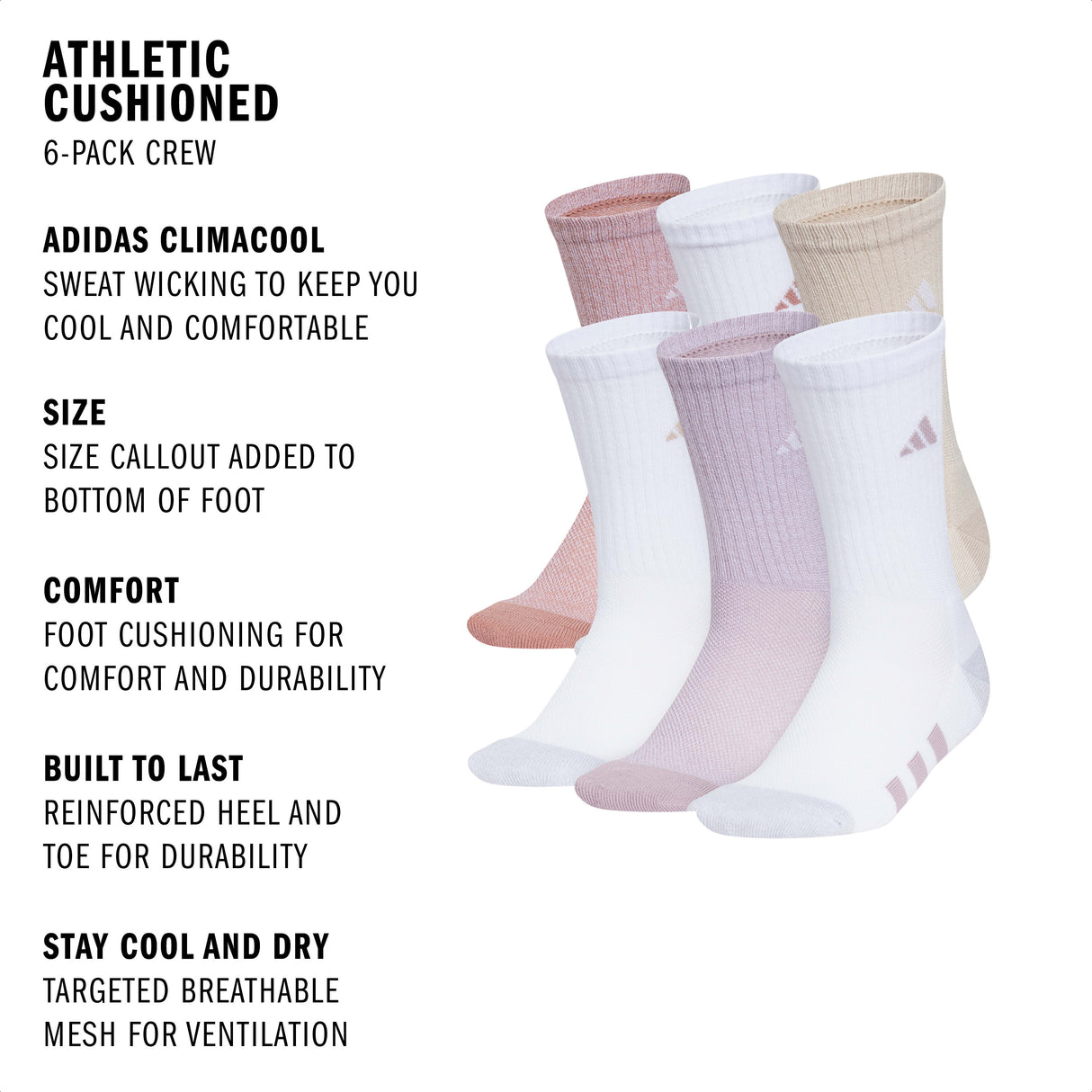 adidas Girl's Athletic Cushioned 6-Pack Crew Sock-2