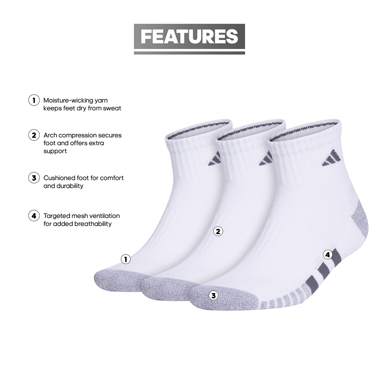 adidas Men's Cushioned 3.0 3-Pack Quarter Sock-2