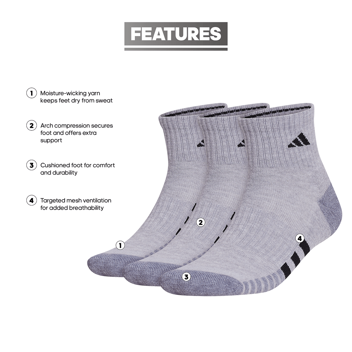 adidas Men's Cushioned 3.0 3-Pack Quarter Sock-2