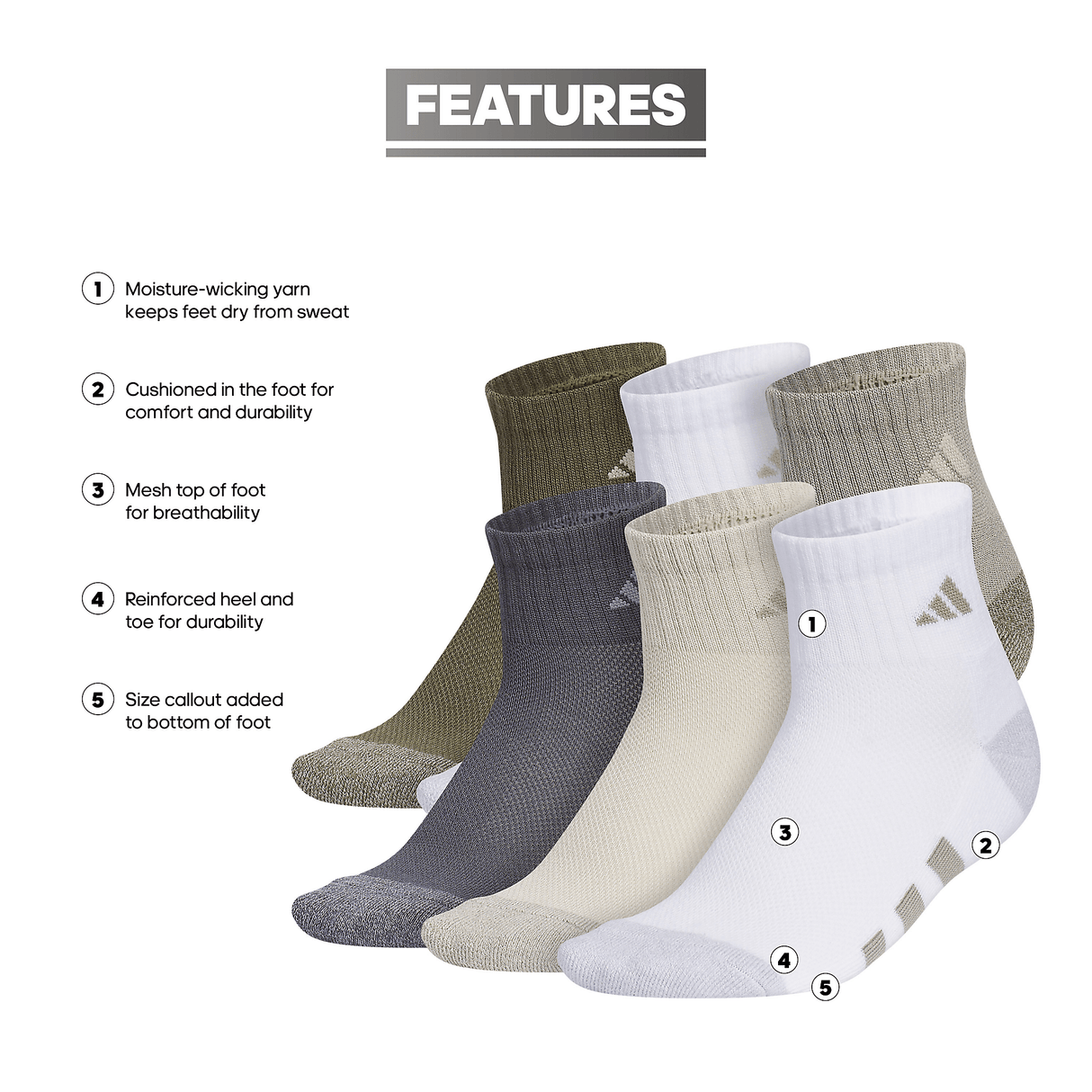 adidas Youth Athletic Cushioned 6-Pack Quarter Sock-2