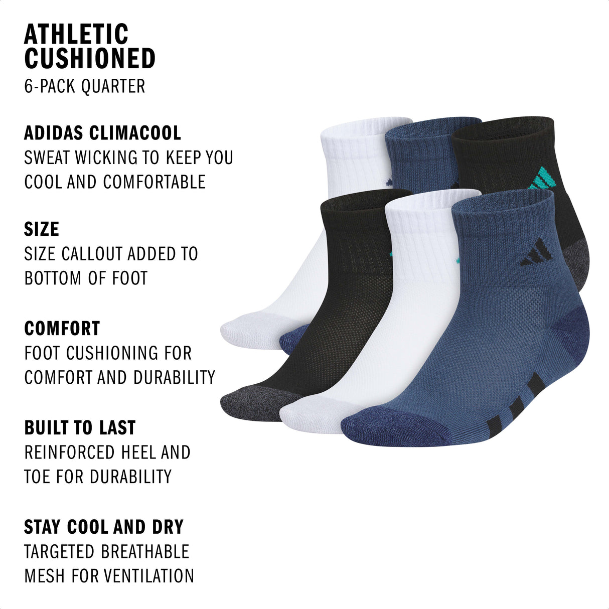 adidas Youth Athletic Cushioned 6-Pack Quarter Sock-2