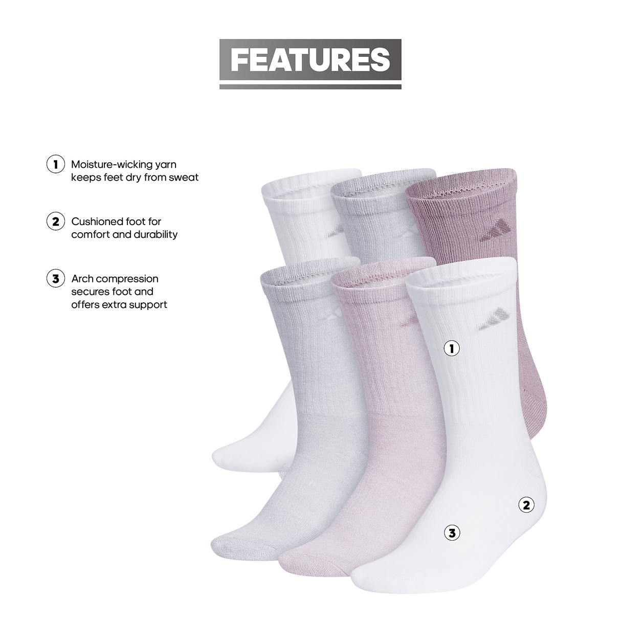 adidas Women's Athletic Cushioned 6-Pack Crew Sock-2