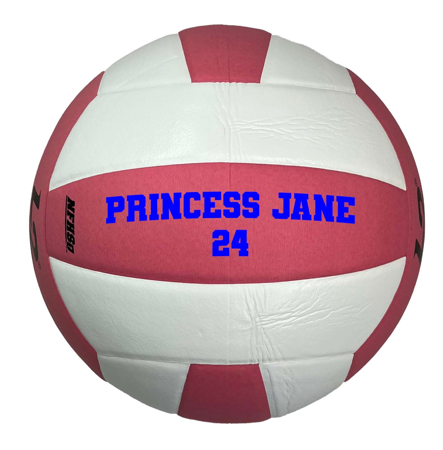 Custom Molten L2 Pink and white Volleyball with color blue two line text  in Varsity Team font.