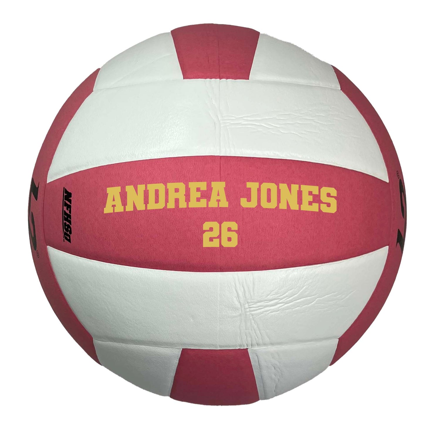 Custom Molten L2 Pink and white Volleyball with color gold two line text in Varsity Font.
