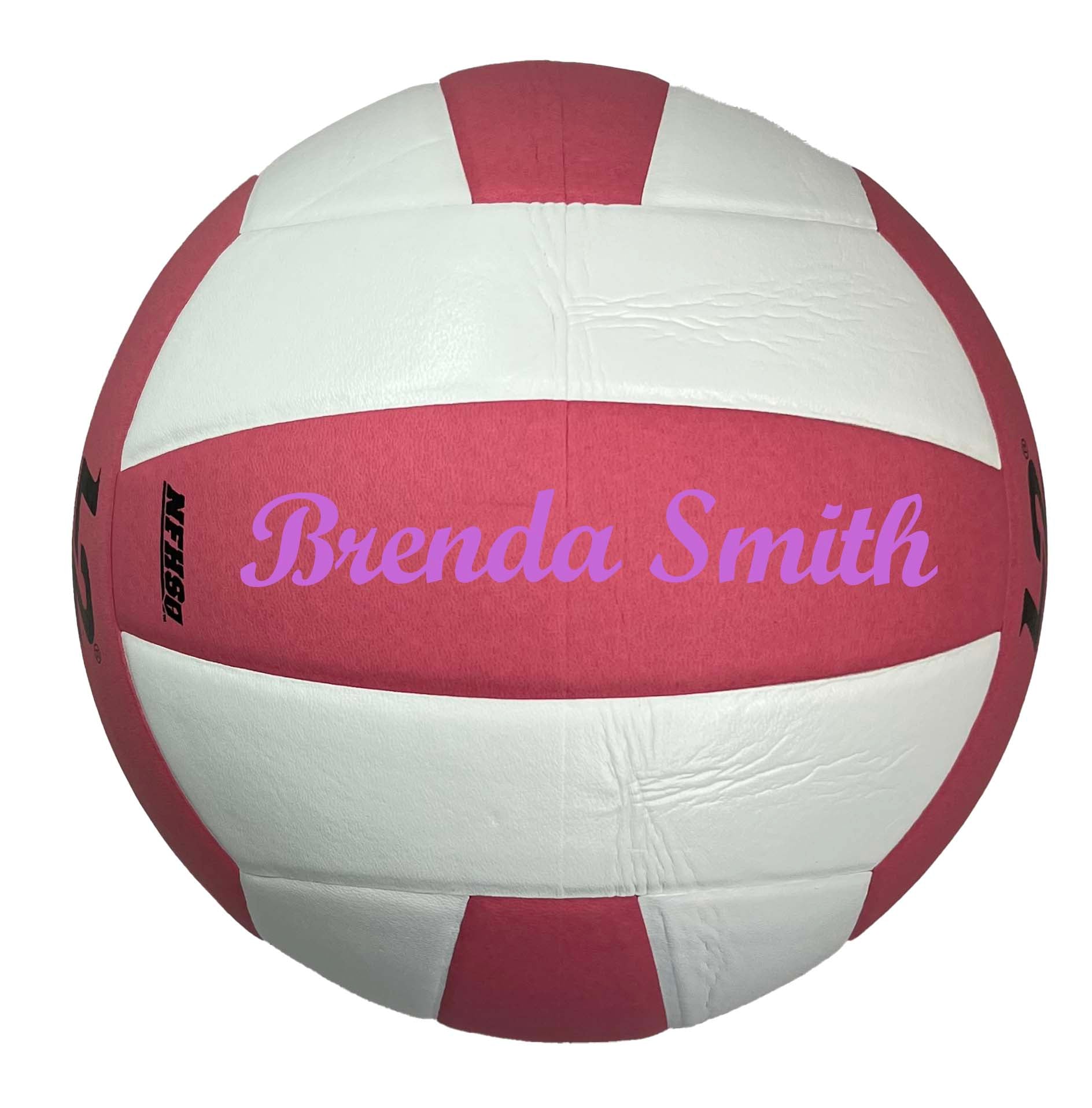Custom Molten L2 Pink and white Volleyball with purple text in script MT Bold font.