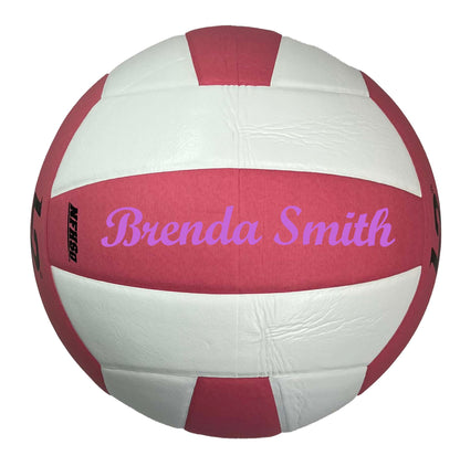Custom Molten L2 Pink and white Volleyball with purple text in script MT Bold font.