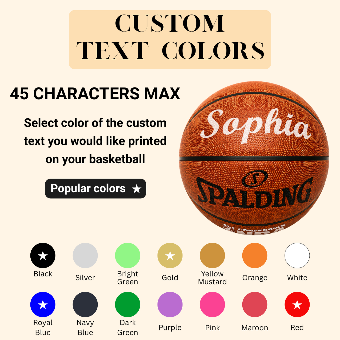 Customized Spalding All Conference Basketball Available with Multiple Custom Text Colors