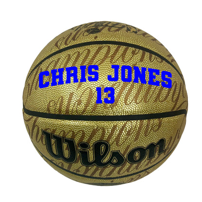 Customized 2024 NBA Championship Boston Celtics Basketball Varsity Font in 2 line color blue text.