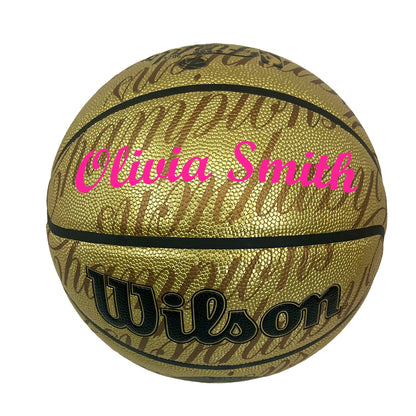 Customized 2024 NBA Championship Boston Celtics Basketball Script MT Bold font in color pink text.
