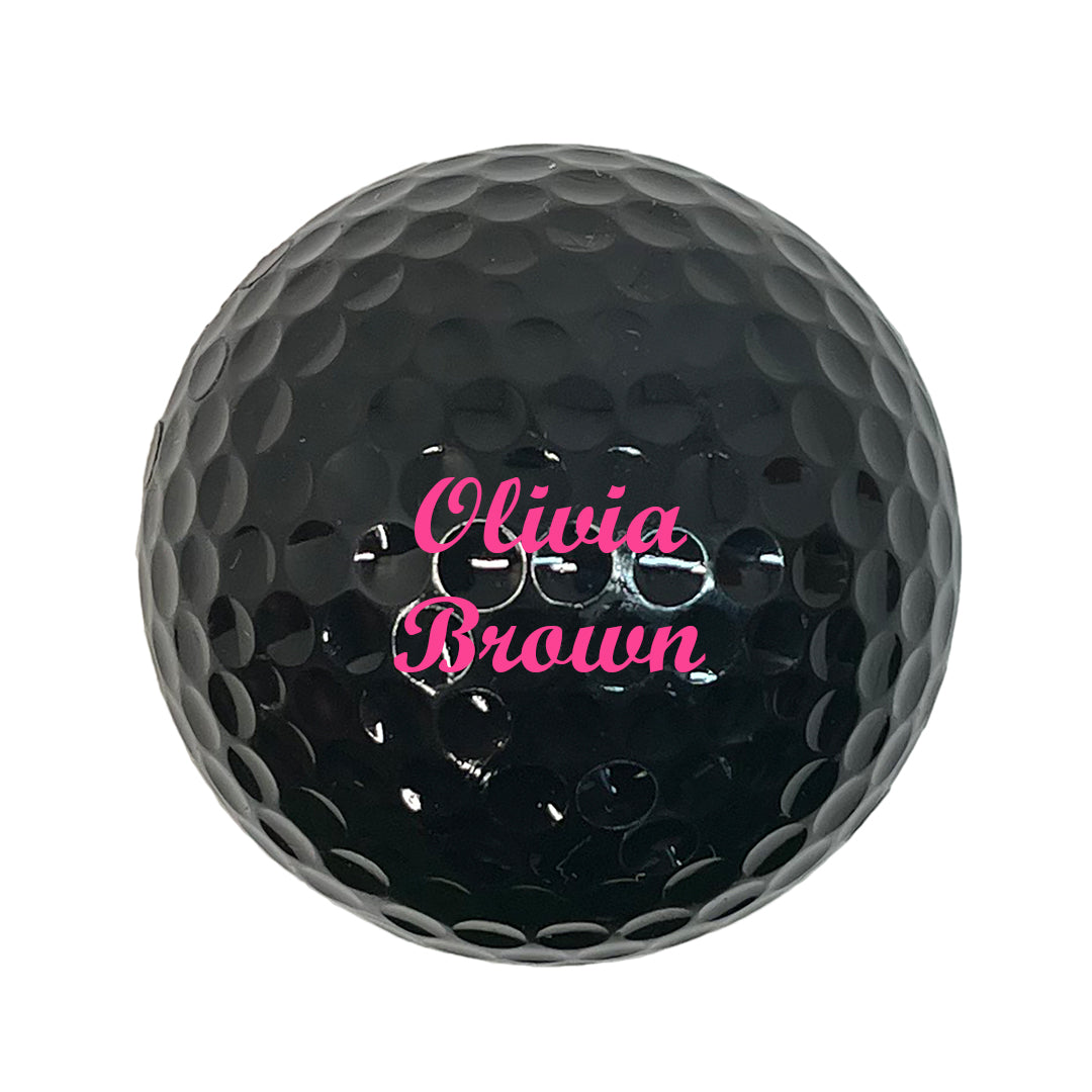Customized Personalized Black Golf Ball Script MT Bold in Pink