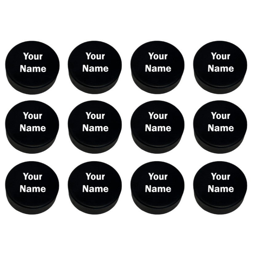 Customized Hockey Pucks 12 Pack Personalized with Custom Text of Player Names