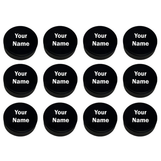 Customized Hockey Pucks 12 Pack Personalized with Custom Text of Player Names