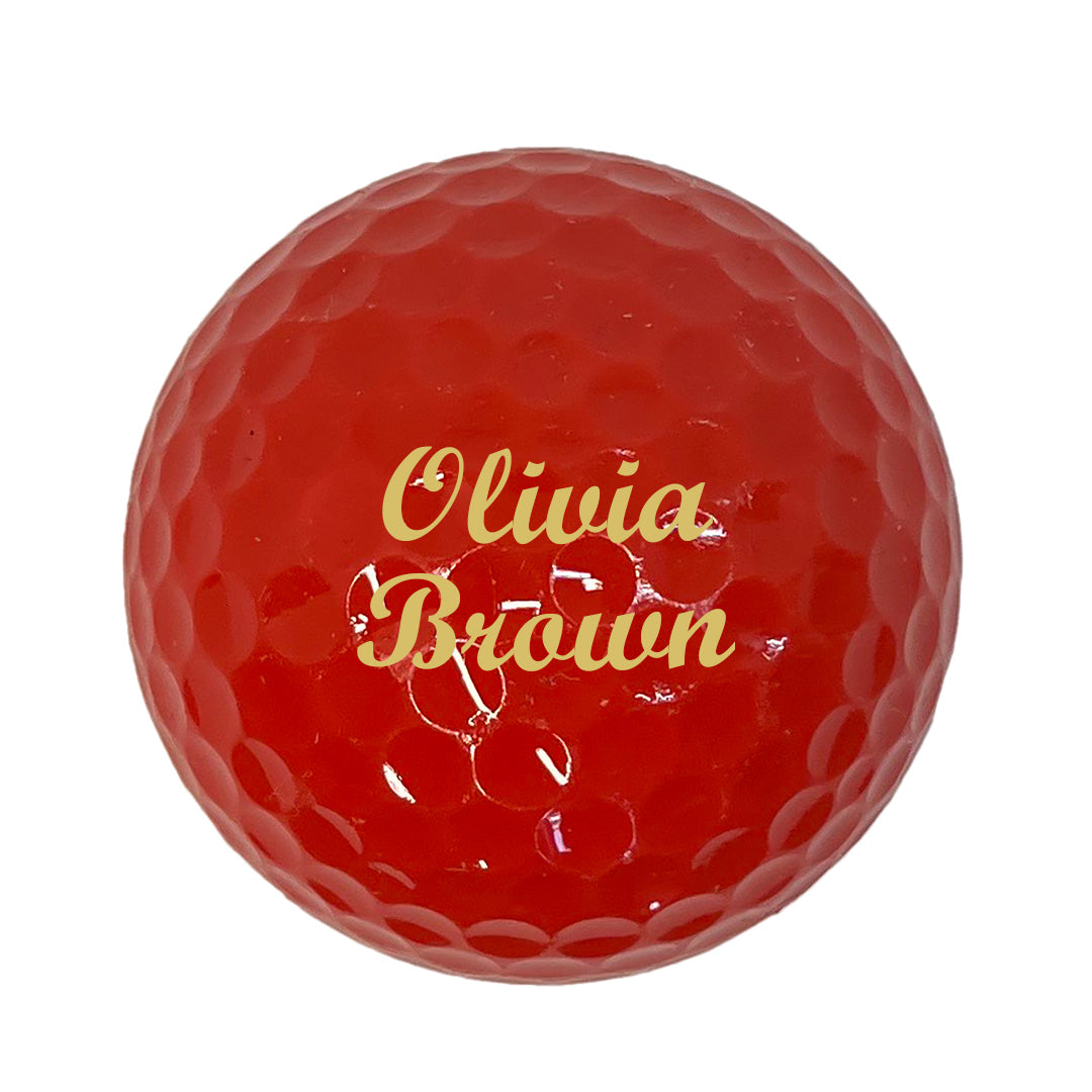 Customized Personalized Red Golf Balls 2 lines Script MT Bold in color gold