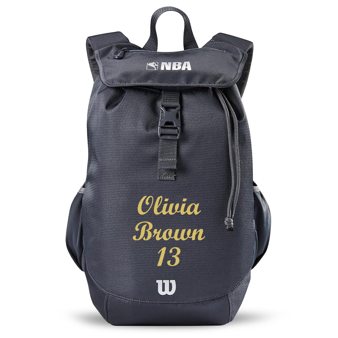 Customized Wilson NBA Basketball Backpack Script MT Bold in 3 lines gold
