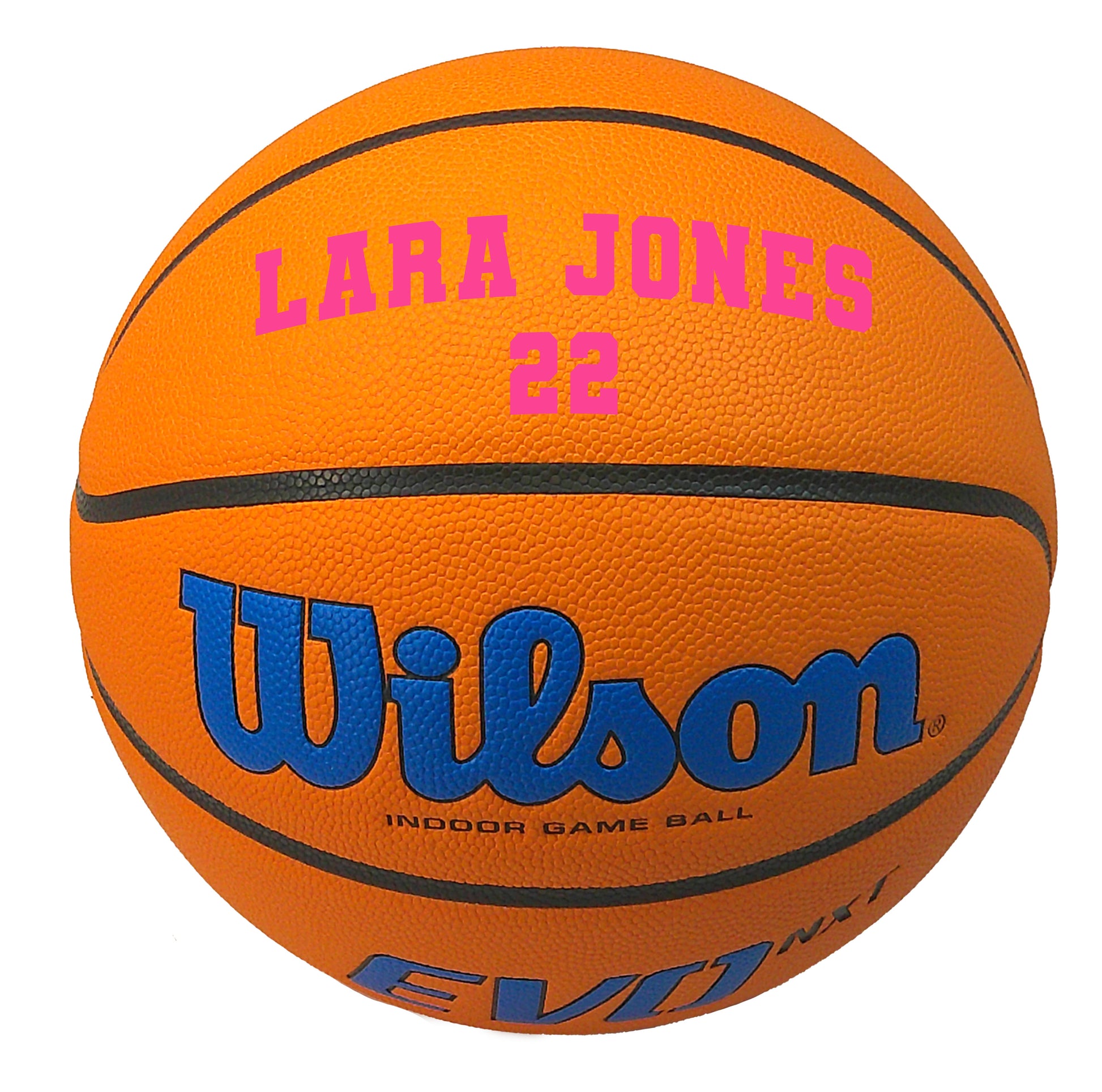 Customized Wilson NCAA EVO NXT Basketball Blue with Pink Text