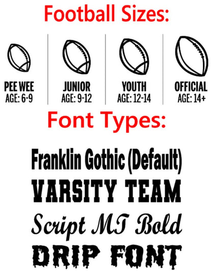 Custom Text Font Options and Football Sizing Chart