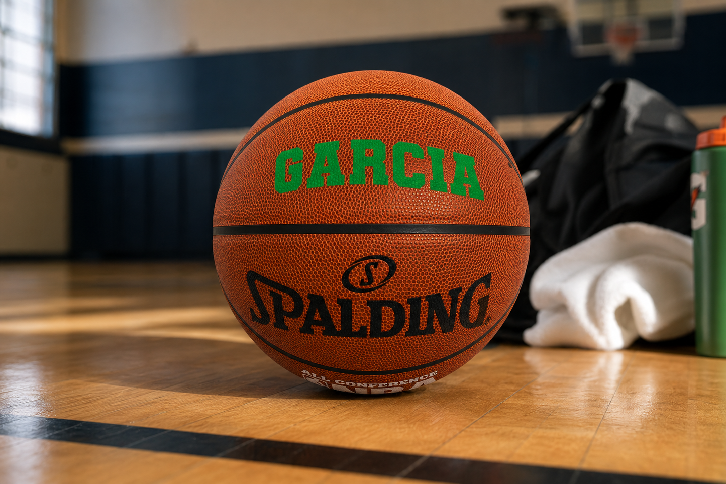 Customized Spalding All Conference Basketball With Custom Text in Dark Green Color on Court