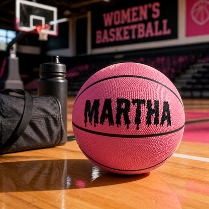Customized Personalized Pink Basketball with Custom Text in Black Color on Court