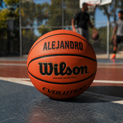 Customized Wilson Evolution Basketball Personalized with Custom Text in Black Color on Court